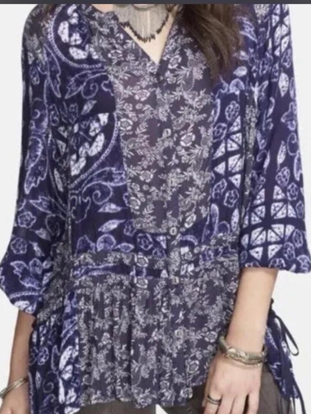 Free People blue and white paisley print blouse with tie waist, Size XS
